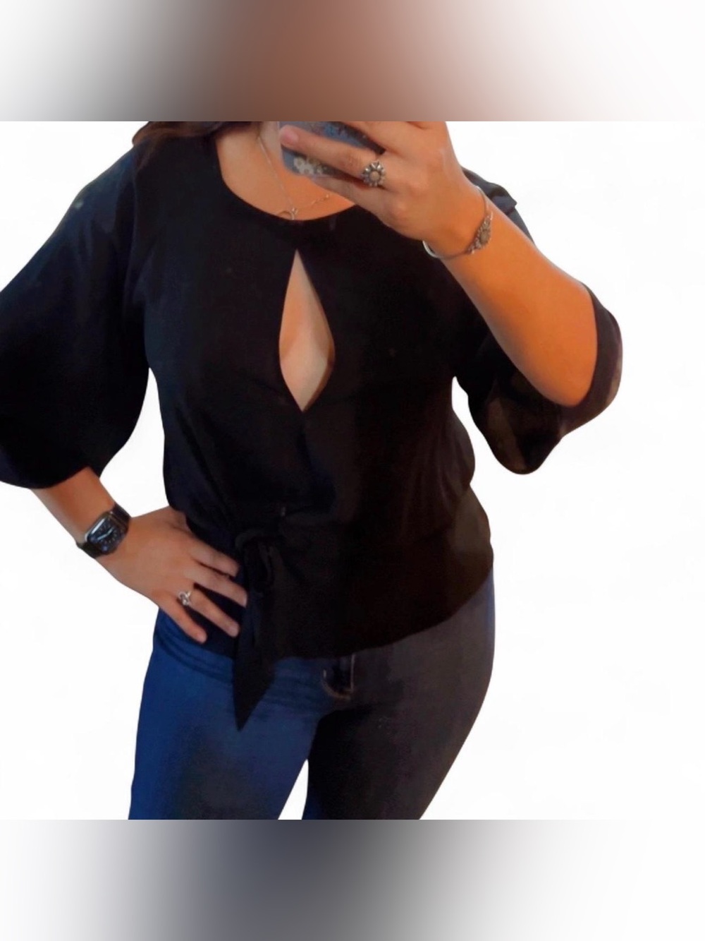 Express Black Keyhole Tie-Front Blouse